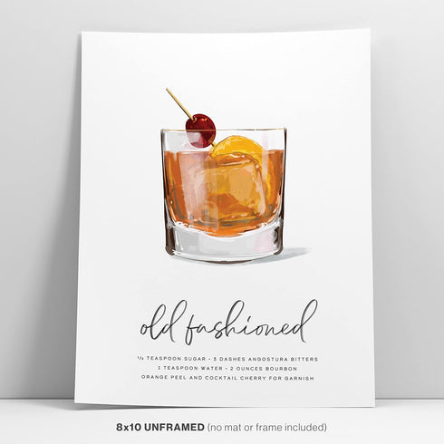 Old Fashioned Cocktail Wall Art: Illustrated Alcohol Posters with Cocktail Recipes