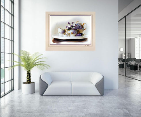 Country Wall Decor Art Print Poster, Violets Flowers & Kettle Tea Pot Still Life (16x20)