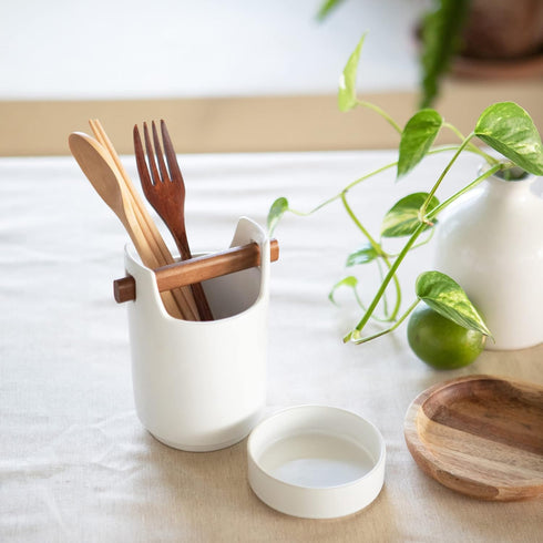 Kitchen Utensil Holder for Flatware, Silverware, Cutlery, Wood and Ceramic Countertop Caddy