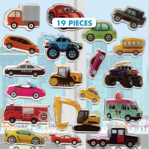 Cars Trucks & Construction Gel Window Clings for Kids - Window Stickers for Toddlers, Reusable Sticker