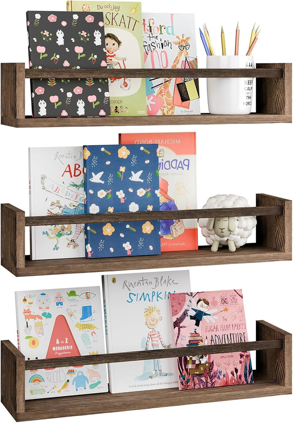 Fixwal Nursery Book Shelves, Set of 3 Floating Bookshelves for Wall, Solid Wood Wall Mounted Storage (Brown)