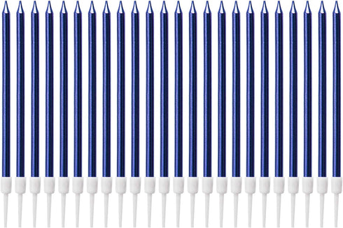 Luter Metallic Long Blue Birthday Candles with Holder, Cake Candles for Wedding Party Decoration (24 Pieces)