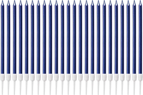 Luter Metallic Long Blue Birthday Candles with Holder, Cake Candles for Wedding Party Decoration (24 Pieces)