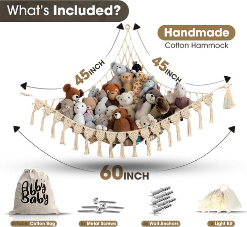 Hammock 100% Abby Baby Extra Large Stuffed Animal with LED Lights Natural Cotton Macrame Toy Storage Net for Plushies