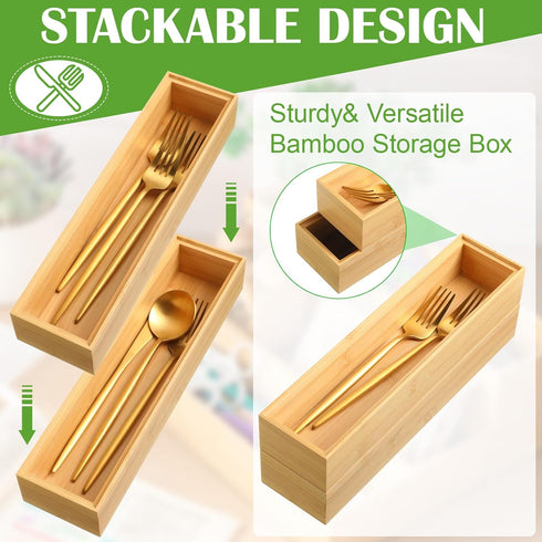 Kigley 8 Pieces Bamboo Drawer Organizer, Stackable Wooden Utensil Storage Box for Kitchen Drawers (12 x 3 x 2 Inch)