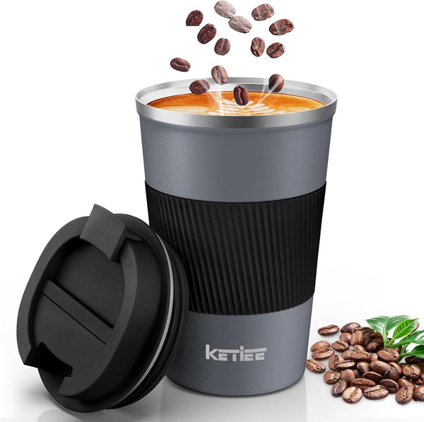 KETIEE Travel Coffee Mug, Spill Proof 12oz Insulated Reusable Coffee Cup with Seal Lid for Hot/Ice Drinks (Grey)