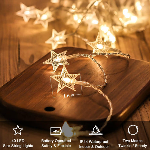20 40 Star String Lights Battery Operated, FT LED Twinkle Lights Warm White Cute Hanging Star Fairy Light for Bedroom