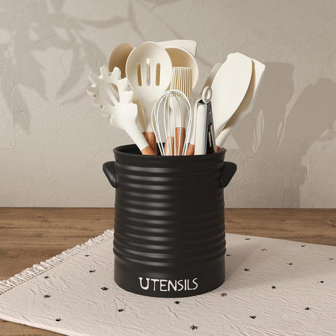Kitchen Utensil Holder for Countertop, 6.4" Large Ceramic Utensil Crock with Cork Mat, Handles, Modern Cooking Tool Spatula Organizer for Kitchen Counter Decor, Matte Black by Karisky