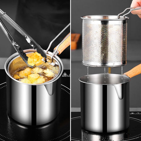 Small Deep Fryer Pot with Basket, Mini Fryer and Soup Pot with Tongs and Lid, 1.3-Quart