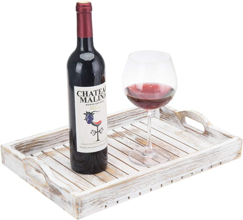 16 11 Inches MyGift Shabby Chic Whitewashed Wood Breakfast Serving Tray with Cutout Handles with Slatted Design