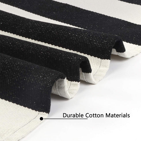 LEEVAN Black and White Striped Door Mat, 2'x4', Washable Reversible Cotton Woven Rug for Indoor/Outdoor