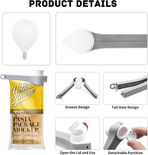 4pcs Bag Spout Clip,for Food,Snack Sealing Clips with Pour Spouts,Kitchen Chip Bag with Adhesive Hooks, for Cereal