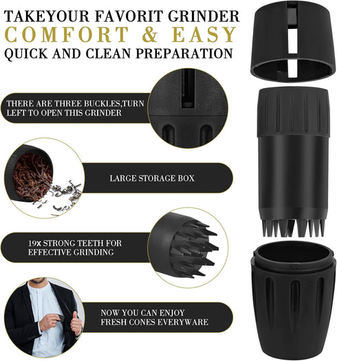 Herb Grinder, Storage System,Cone Loader Grinder Roller, Travel Ready Tether Strap | Lightweight(Black)