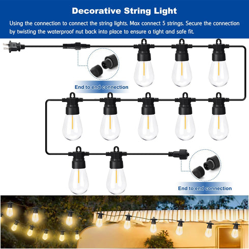 S14 Bulbs 2700K 21.3FT LED Edison String Lights Outdoor, Warm White - Vintage Shatterproof Patio Festoon Lights
