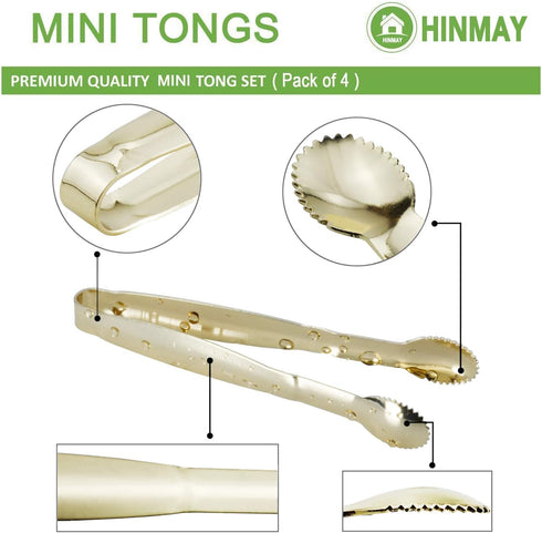Mini Serving Tongs, Set of 4 Appetizer Tongs, 5 Inches (Gold)