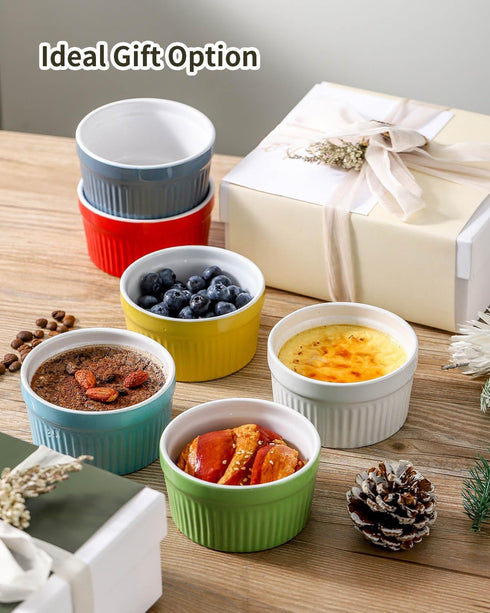 8 oz Set 6 Hasense Ramekins Oven Safe for Creme Brulee, Ceramic Souffle Dish with Ribbed Pattern for Baking, Porcelain