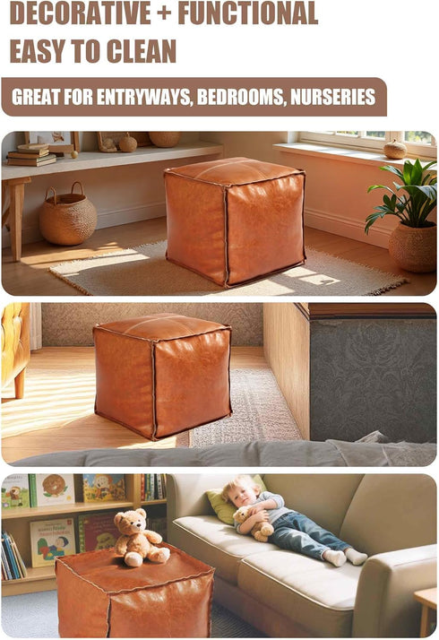 Gloruoia Faux Leather Unstuffed Pouf Ottoman Square Floor Cushion Cover with Zipper Wear-Resistant & Easy to Clean
