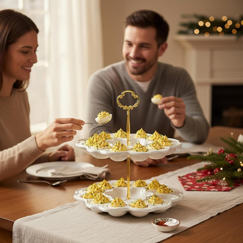 2 24 Countertop, Peohud Tier Deviled Egg Platter, Holes Deviled Egg Tray Container, Detachable Ceramic Easter Egg