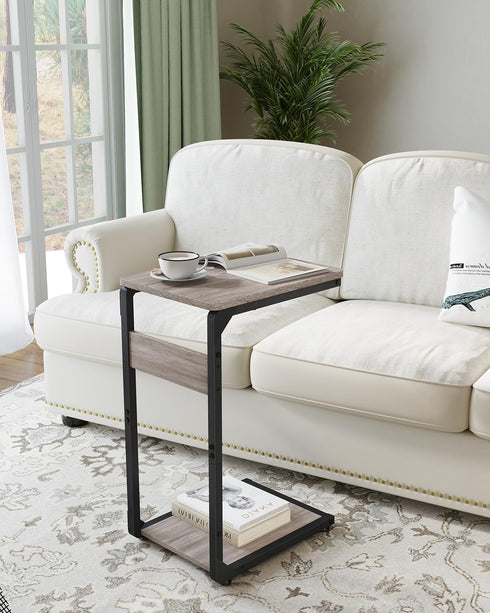Vovonusy ET-YB-GY1 Wood Pedestal Small Sofa Side Table for Couch, Tall Nightstand, C Shaped End Table, TV Trays