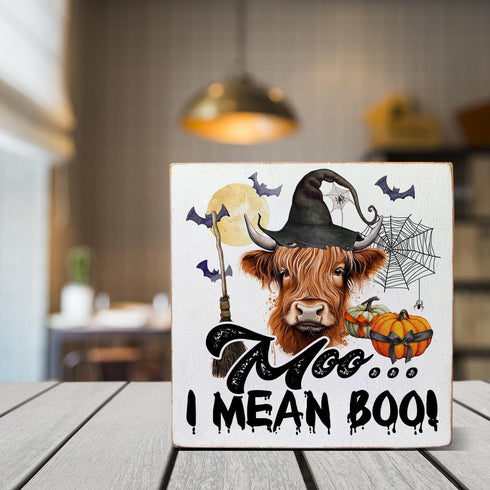 VIYZZX Halloween Highland Cow Wood Box Sign Decor Witchy Cow Moo I Mean Boo Block Sign Home Shelf Table Wall