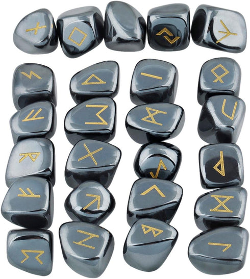 SUNYIK Natural Hematite Rune Stones Set with Engraved Elder Futhark Alphabet, Polished Healing Kit