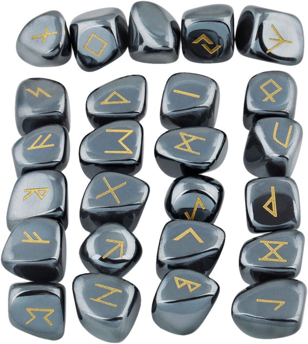 SUNYIK Natural Hematite Rune Stones Set with Engraved Elder Futhark Alphabet, Polished Healing Kit