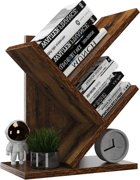 YMYNY 2 Tier Tree Bookshelf, Small Bookcase, Modern Wood Book Storage Rack