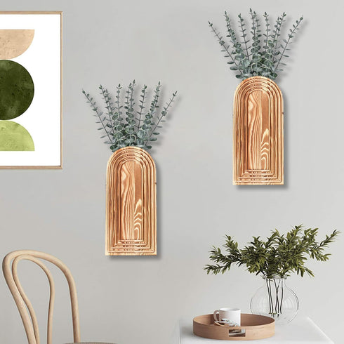 2 Pack Set Dnnnii Wooden Wall Vase - Brown Finish Modern Farmhouse & Boho Wall Decor for Entryway, Hallway, Bathroom