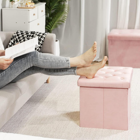 B FSOBEIIALEO Storage Ottoman Cube, Velvet Tufted Folding Ottomans with Lid, Footstool Rest Padded Seat for Bedroom