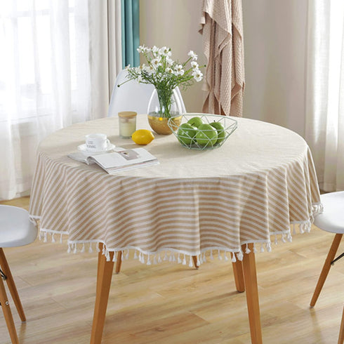 39 Inch) meioro Round Tablecloth Stripe Tassel Table Cloth Cotton Blend Dust-Proof Table Cover for Dining Circle Coffee
