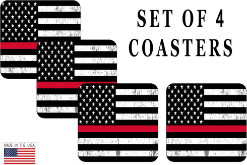 Rogue River Tactical Thin Red Line USA Flag Tattered Drink Coaster Set of 4, Gift for Firefighter Fire Department Home
