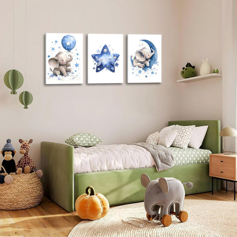 HNNXAR Set 3 16x24 Elephant Nursery Wall Decor,Blue Moon And Stars Picture Painting,Baby Girl Room Decor,Nursery Canvas
