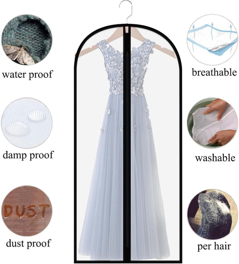 Extra Long 60in Clear Dress Garment Bags - Lightweight Dust Proof Cover with Full Zipper, Pack of 6