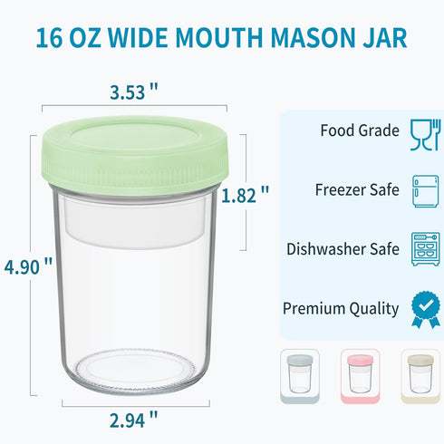 16 oz 4-Pack Xyptorix Overnight Oats Containers with Airtight Lids - Leak-Proof Wide Mouth Mason Jars & Divided Cups