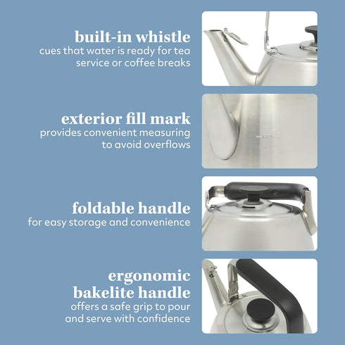 2 Sur La Table Kitchen Essentials Qt Heavy Gauge Brushed Stainless Steel Whistling Tea Kettle Durable Stovetop Kettle