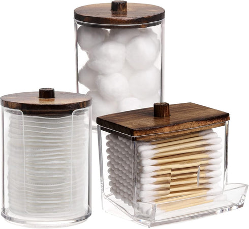 Tbestmax Bathroom Organizer Accessories Set, 10 OZ, 7 OZ Qtips Holder with Wood Lids, 3 Pcs