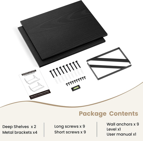 Dreamland 12 16 inch Set 2 Deep Floating Shelves for Wall, Black Floating Shelves, Large Floating Shelf *