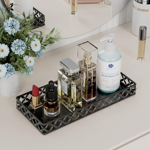 EKNITEY Vanity Tray - 11 Inch Black Decorative Tray for Bathroom Counter, Organizer for Perfume, Makeup, Jewelry