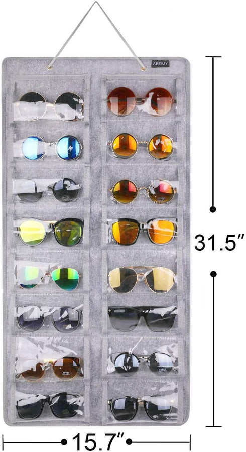 AROUY Sunglasses Organizer Storage, Hanging Dust Proof Wall Pocket with 16 Felt Slots and Metal Hook (Gray)