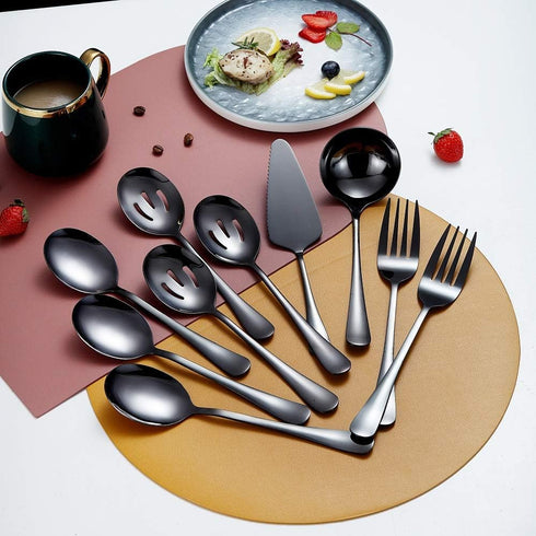 HOMQUEN Black 10-Piece Serving Flatware Silverware Set,Stainless Steel Serving Utensil Set,Include Slotted Serving Spoon, Serving Spoon, Cake Server, Serving Fork, Soup Ladle by HOMQUEN
