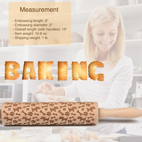 Embossed Rolling Pin for Baking with Dog Pattern - Wooden Engraved Dough Roller, Kitchen Decor Birthday Gifts