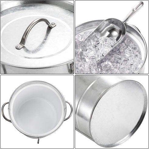 YOUEON 4L Ice Bucket with Scoop and Lid, Galvanized Metal Double Walled Wine Chiller for Parties, Silver