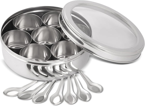KSJONE Seasoning Box, 7 Compartments and 7 Spoons Seasoning Rack Spice Pots,