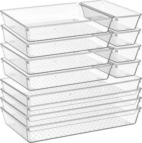Criusia 12 Pack Large Clear Plastic Drawer Organizer Trays for Kitchen, Bathroom, Makeup, Office Storage