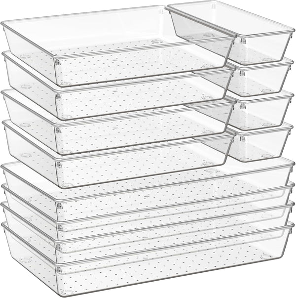 Criusia 12 Pack Large Clear Plastic Drawer Organizer Trays for Kitchen, Bathroom, Makeup, Office Storage