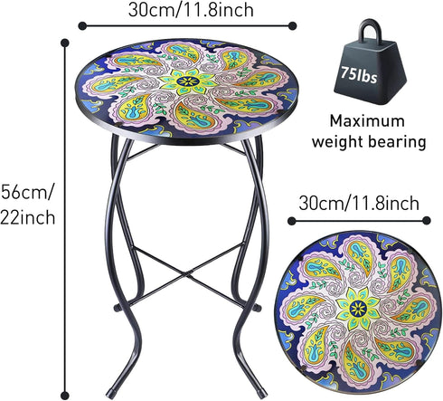 12 Inch Arbuxzuy Small Outdoor Side Table with Purple Flower, Glass Mosaic Patio Table Indoor, Round Plant Coffee Table