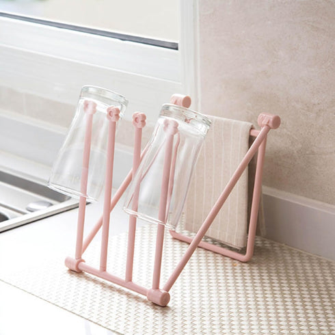 Countertop Dishcloth Drying Rack, 4 Arms Folding Holder for Kitchen Rag Storage, Vertical Stand (Light Pink)