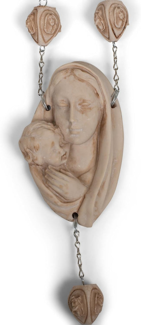 Virgin Mary and Jesus Carved Beads Design Decorative Wall Rosary, 65 Inch Alabasterite