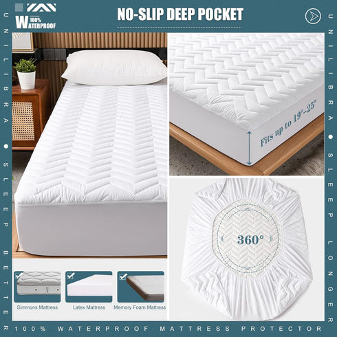 Cal King Size Waterproof Mattress Protector, Quilted Breathable Ultra-Soft Filling, Fitted Deep Pocket Cover Fits