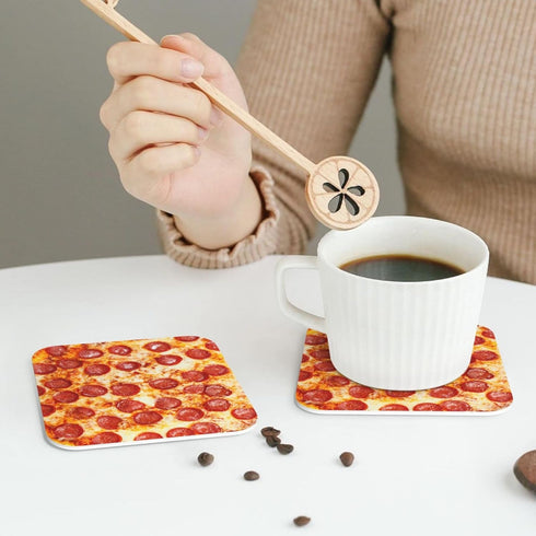 Set 4 Inches Set 6 Marble Coasters Square Leather Drinks Coaster with Holder for Coffee Table Bar Home Decor of (Pizza